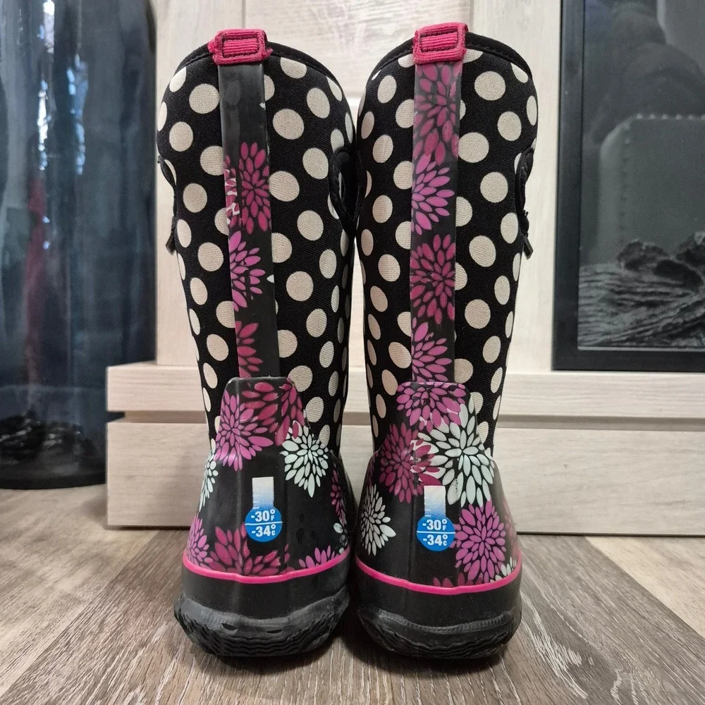 Bogs Kids Waterproof Rain Boots Floral Polka Dot Black Pink Sz 11